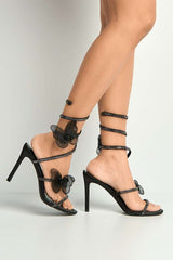 Miss Diva Black Loreli Flower Detail Diamante Heeled Sandals