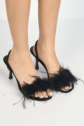 Margot Feathered Trim Band Slingback Heeled Sandals in Black