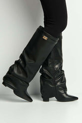 Miss Diva Black Izel Block Heel Pointy Toe Gold Trim Boots