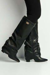 Miss Diva Black Izel Block Heel Pointy Toe Gold Trim Boots