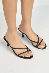 Miss Diva Black Sylvia Toepost Strappy Slip On Kitten Heel Mules