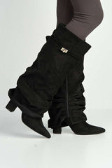 Miss Diva Black Suede Izel Block Heel Boots