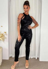 Nazz Collection Black Sequin Beaded Shoulder Jumpsuit