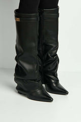 Miss Diva Black Izel Block Heel Pointy Toe Gold Trim Boots