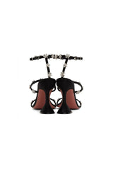 Black Ankle Straps Open Toe Chunky Heels with Flower Rhinestones