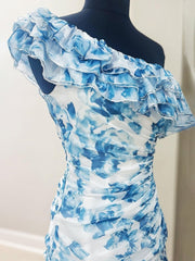 Blue - A-Line One Shoulder Floral Chiffon Short Homecoming Dresses
