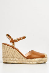 Miss Diva Brown Alala Round Toe Studded Anklestrap Espadrille Wedge
