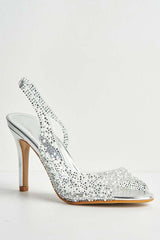 Miss Diva Silver Eliana Diamante & Pearl Encrusted Slingback Heeled Sandals
