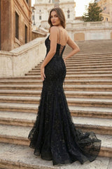 Black Appliques Plunge V Lace-Up Trumpet Prom Gown