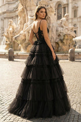 Black Beaded Spaghetti Strap Ruffle Tiered Ball Gown