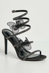 Miss Diva Black Loreli Flower Detail Diamante Heeled Sandals