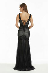 Black Sweetheart Mermaid Tulle Pleated Long Formal Prom Dresses