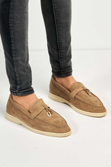 Miss Diva Taupe Tonya Charm Detail Slip-On Faux Suede Loafers