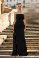 Black - Mermaid Strapless Satin Pleated Long Prom Dress with Slit