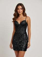 Black V-Neck Sequined Sheath Homecoming Dress
