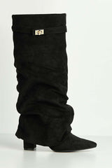 Miss Diva Black Suede Izel Block Heel Boots