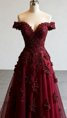 Gorgeous Red A-Line Off-The-Shoulder Tulle Beaded Long Prom Dress Formal Applique Evening Dress