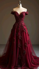 Gorgeous Red A-Line Off-The-Shoulder Tulle Beaded Long Prom Dress Formal Applique Evening Dress