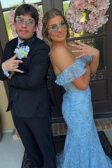 Blue Floral Lace Off-the-Shoulder Ruffle Long Prom Dress
