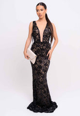 Nazz Collection Black Flora Lace Maxi Dress