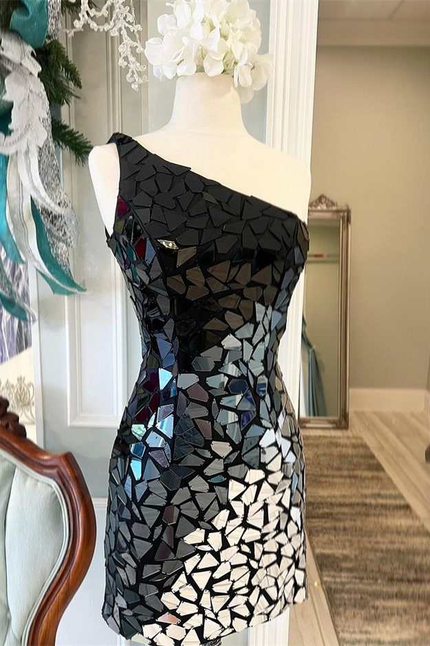 Black Gradient Cut Glass Mirror One-Shoulder Mini Party Dresses