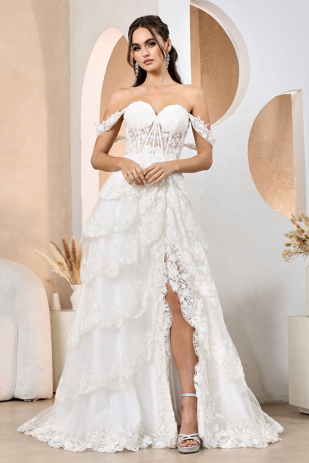 Adora 3174 A Line Long Sequin Applique Tiered Wedding Dress