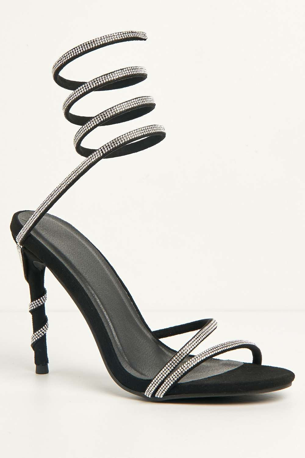Miss Diva Black  Curly Diamante Embellished Spiral Ankle Strap Sandals