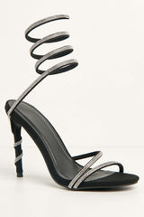 Miss Diva Black  Curly Diamante Embellished Spiral Ankle Strap Sandals