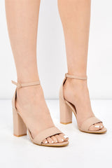 May Barely There Block Heel Ankle Strap Sandal in Nude PU