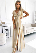 LBD Exclusive Gold Satin Crystal Maxi Dress
