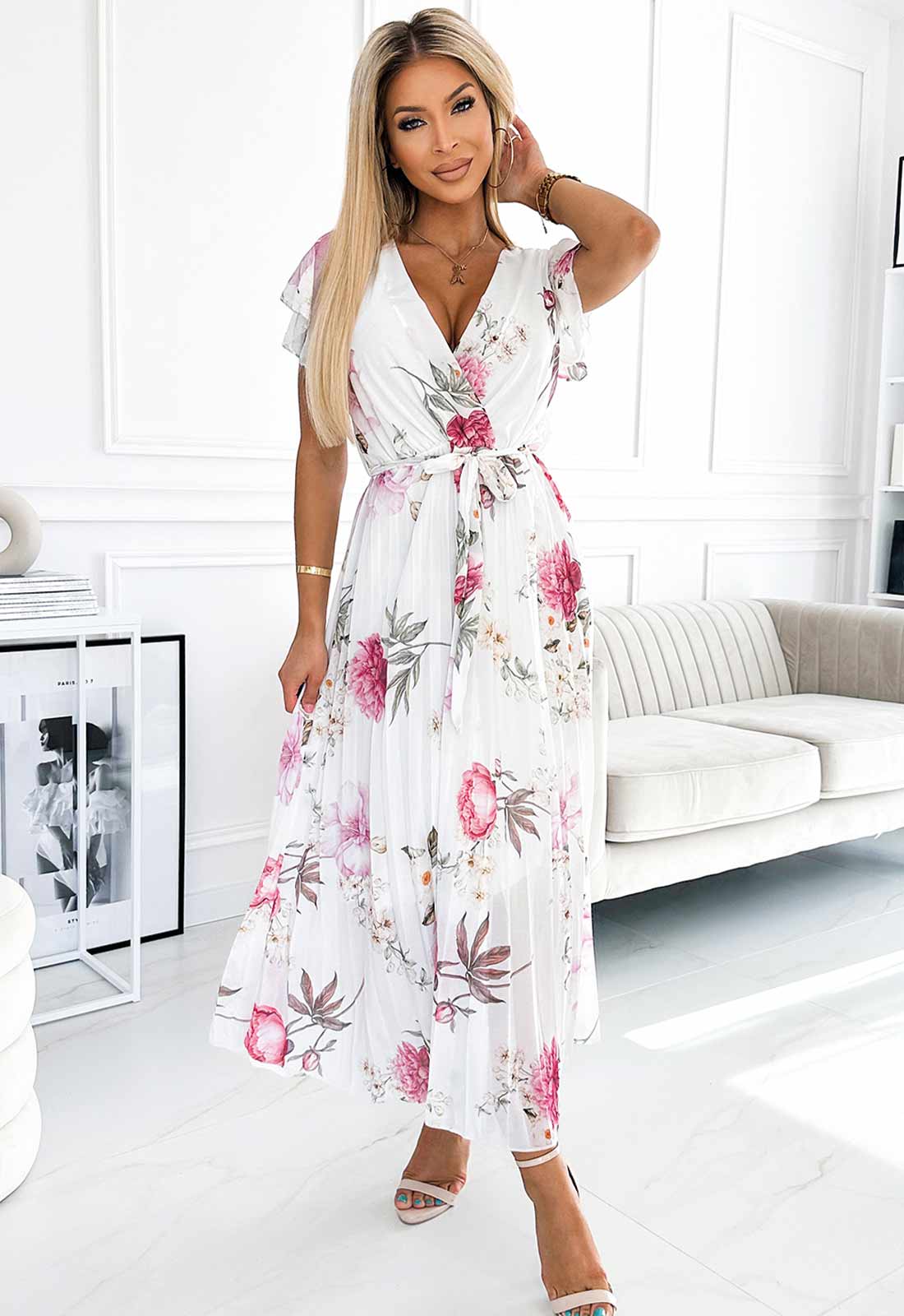 LBD Exclusive White Lisa Spring Flowers Pleated Print Dress