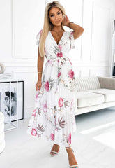 LBD Exclusive White Lisa Spring Flowers Pleated Print Dress