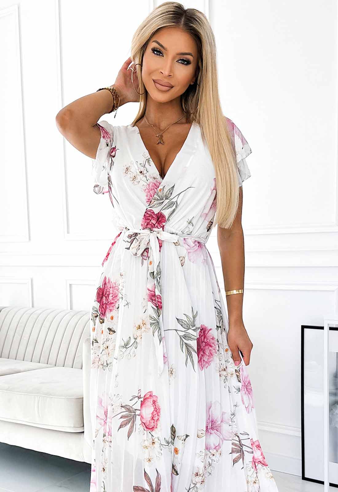 LBD Exclusive White Lisa Spring Flowers Pleated Print Dress