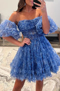 Blue Puff Sleeves Ruffles A-line Prints Homecoming Dress