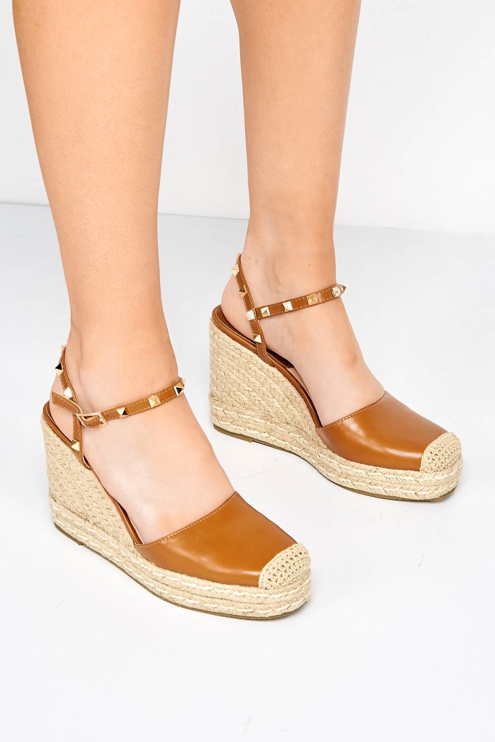Miss Diva Brown Alala Round Toe Studded Anklestrap Espadrille Wedge