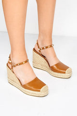 Miss Diva Brown Alala Round Toe Studded Anklestrap Espadrille Wedge