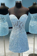 Blue Appliques Strapless Short Homecoming Dress