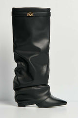 Miss Diva Black Izel Block Heel Pointy Toe Gold Trim Boots