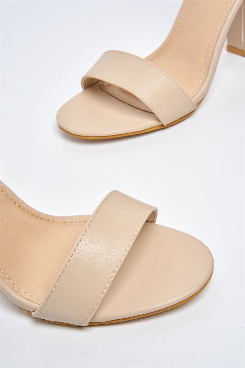 May Barely There Block Heel Ankle Strap Sandal in Nude PU