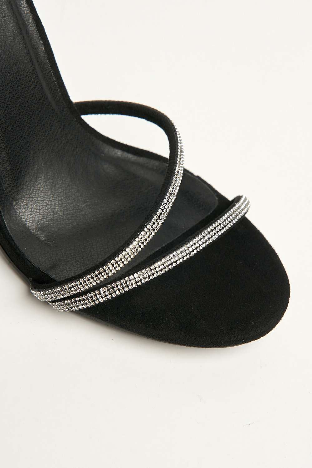 Miss Diva Black  Curly Diamante Embellished Spiral Ankle Strap Sandals