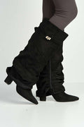 Miss Diva Black Suede Izel Block Heel Boots