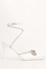 Natalie Pointed Toe Diamante Bow & Strap Court Shoe Heel in Ivory