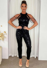 Nazz Collection Black Sequin Beaded Shoulder Jumpsuit