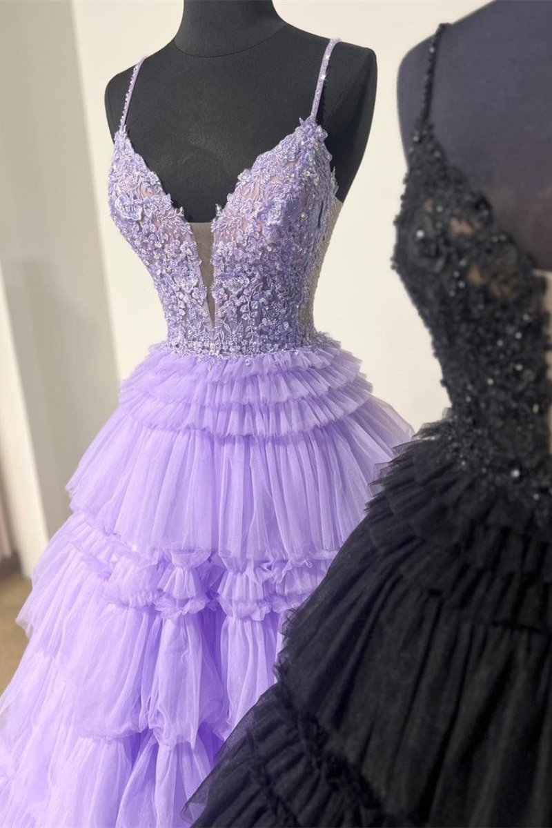 Black Beaded Spaghetti Strap Ruffle Tiered Ball Gown
