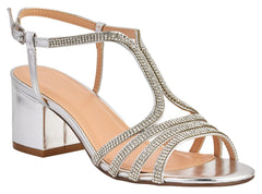 Miss Diva Amanda Silver 3 Diamante Strap T-bar Block Heel Sandal