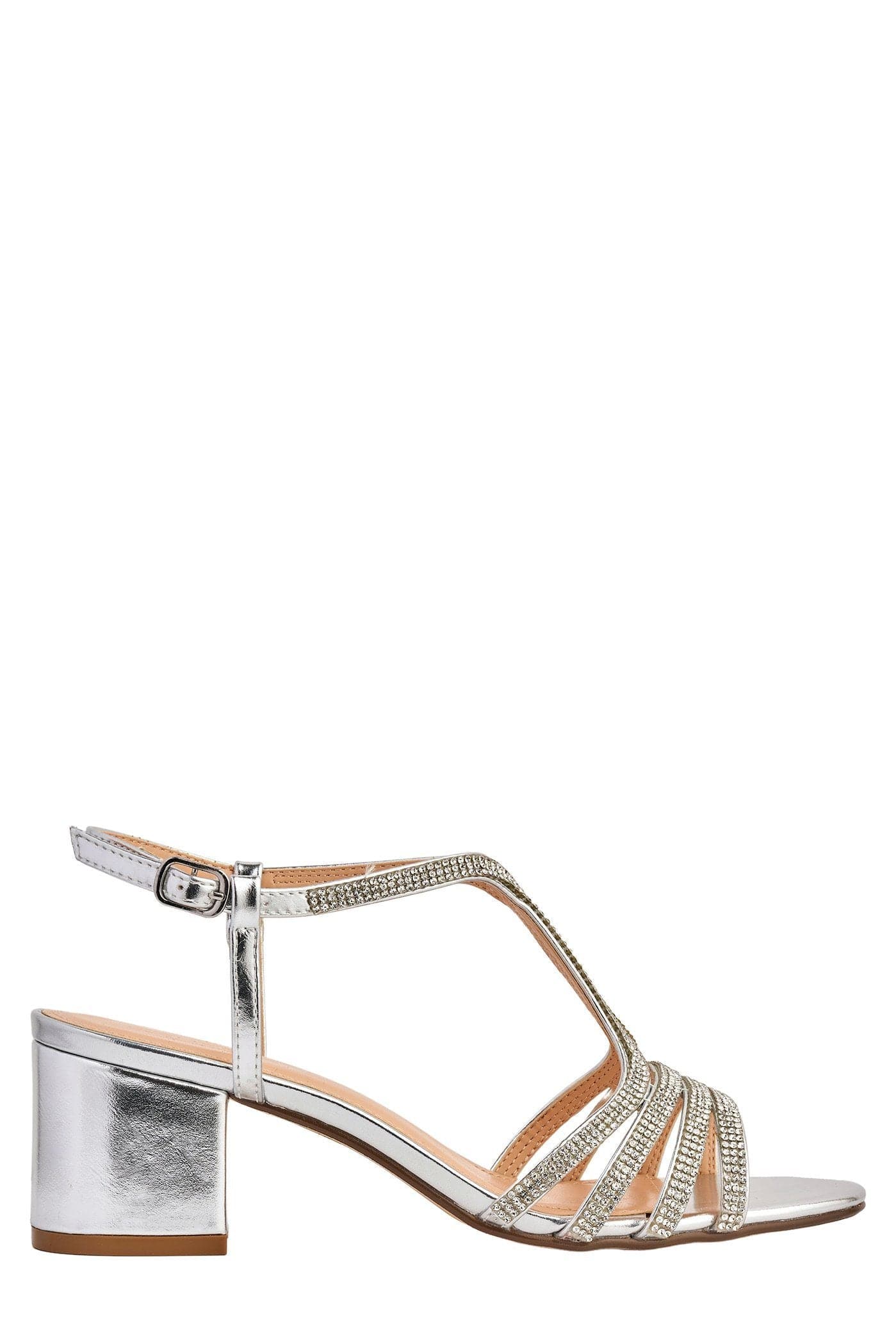 Miss Diva Amanda Silver 3 Diamante Strap T-bar Block Heel Sandal