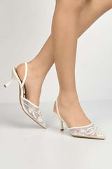 Miss Diva Romina Bead Embellished Mesh Slingback Court Shoes in White