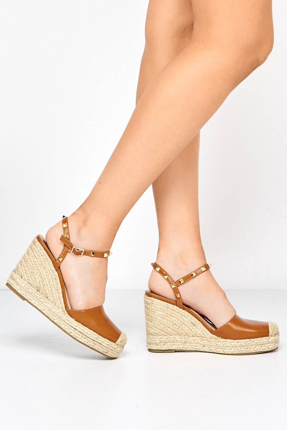 Miss Diva Brown Alala Round Toe Studded Anklestrap Espadrille Wedge