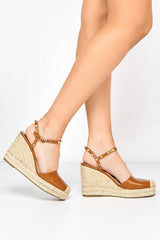 Miss Diva Brown Alala Round Toe Studded Anklestrap Espadrille Wedge