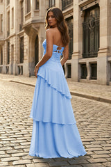 Blue - Sheath Sweetheart Chiffon Long Prom Dresses With Ruffles